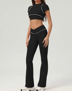 Black Round Neck Yoga Short Sleeve Top - Light Support