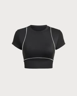 Black Round Neck Yoga Short Sleeve Top - Light Support