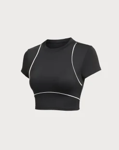 Black Round Neck Yoga Short Sleeve Top - Light Support