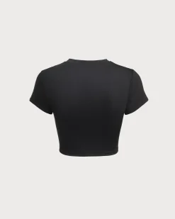 Black Round Neck Yoga Short Sleeve Top - Light Support