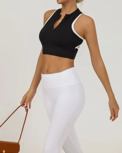Black Round Neck Zipper Yoga Tank Top - Light Support