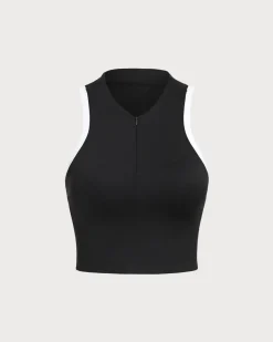 Black Round Neck Zipper Yoga Tank Top - Light Support