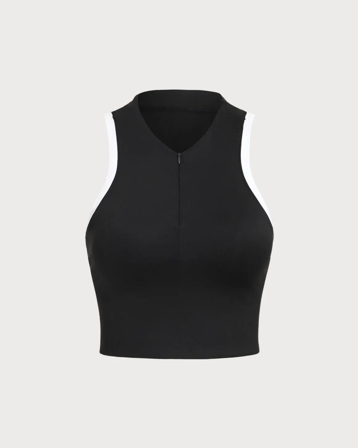 Black Round Neck Zipper Yoga Tank Top - Light Support