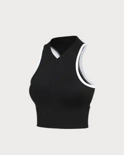 Black Round Neck Zipper Yoga Tank Top - Light Support