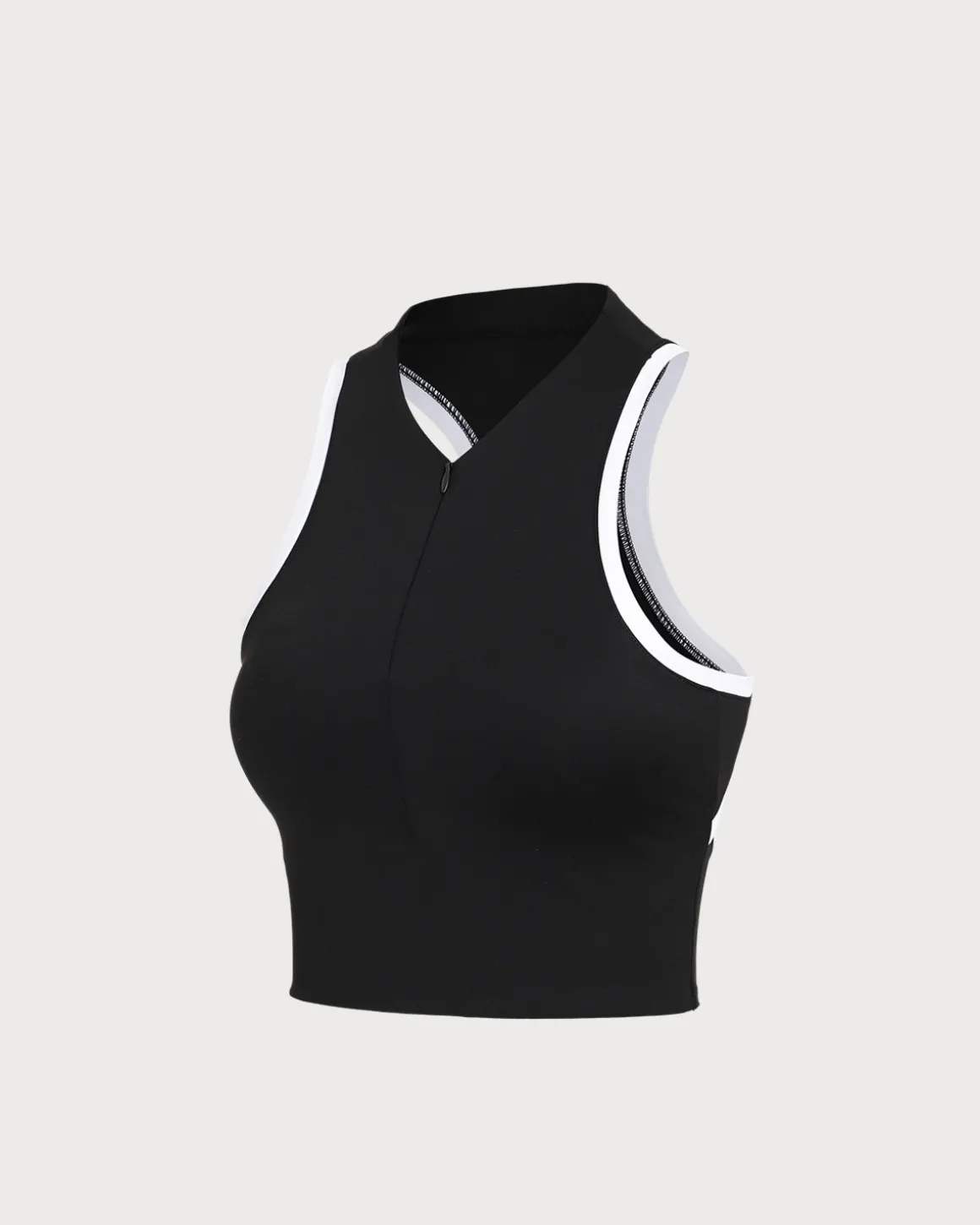 Black Round Neck Zipper Yoga Tank Top - Light Support