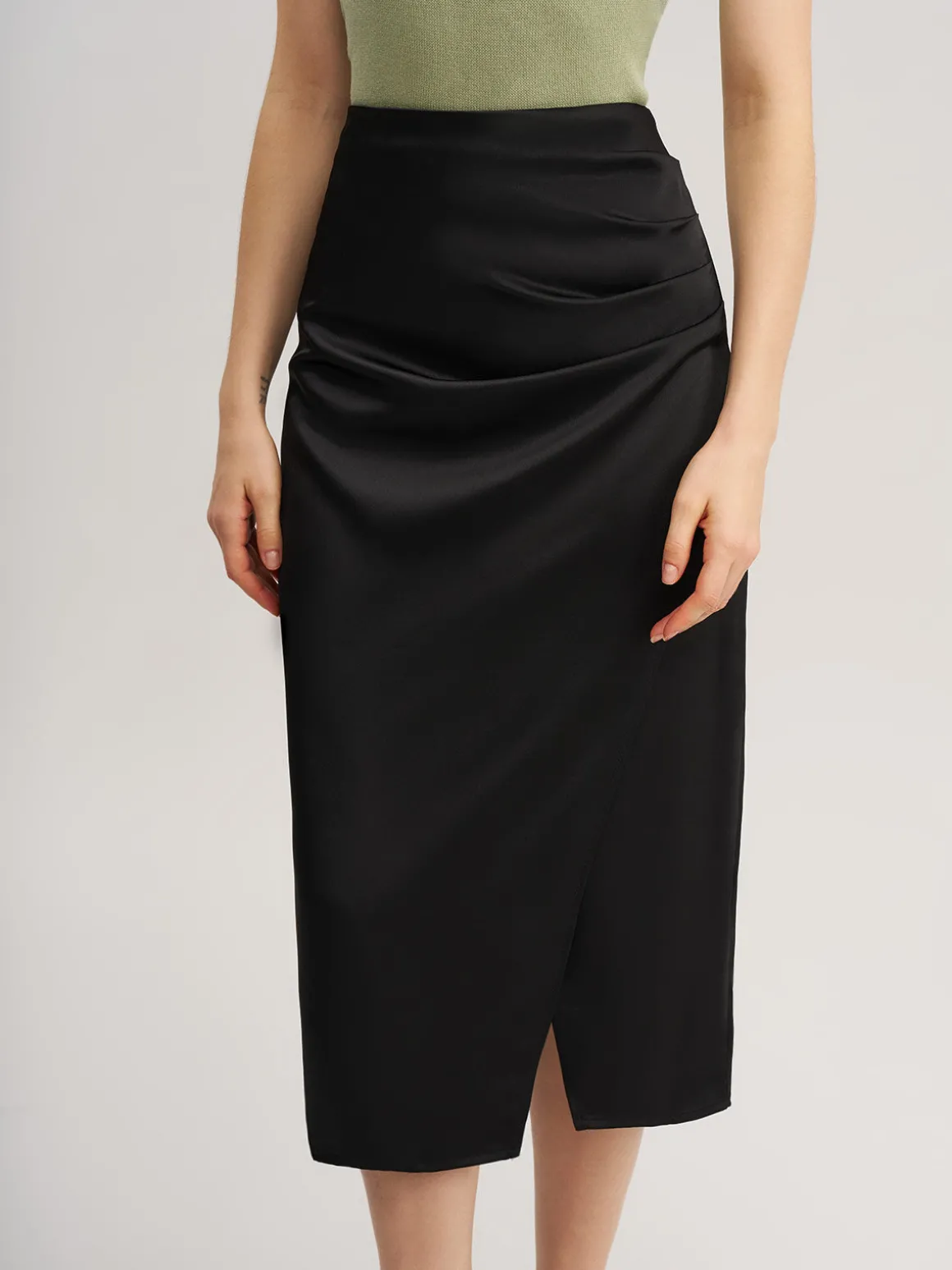 Black Ruched Wrap Midi Skirt