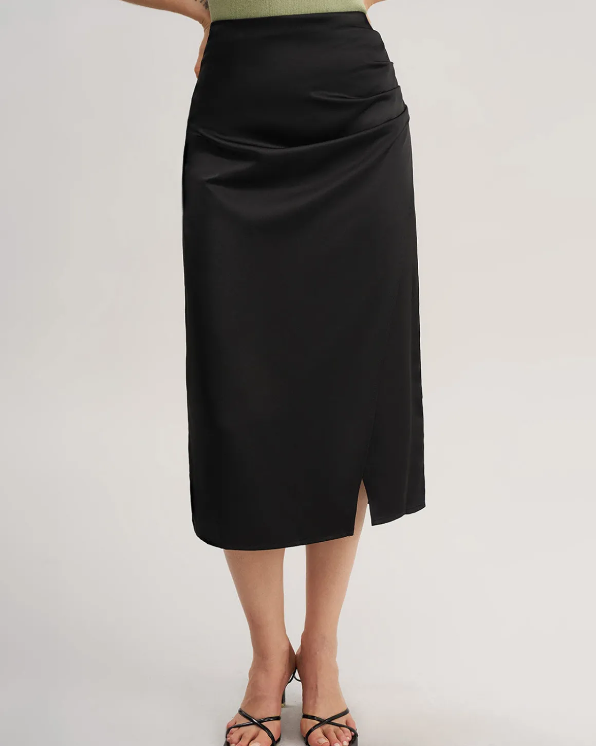 Black Ruched Wrap Midi Skirt