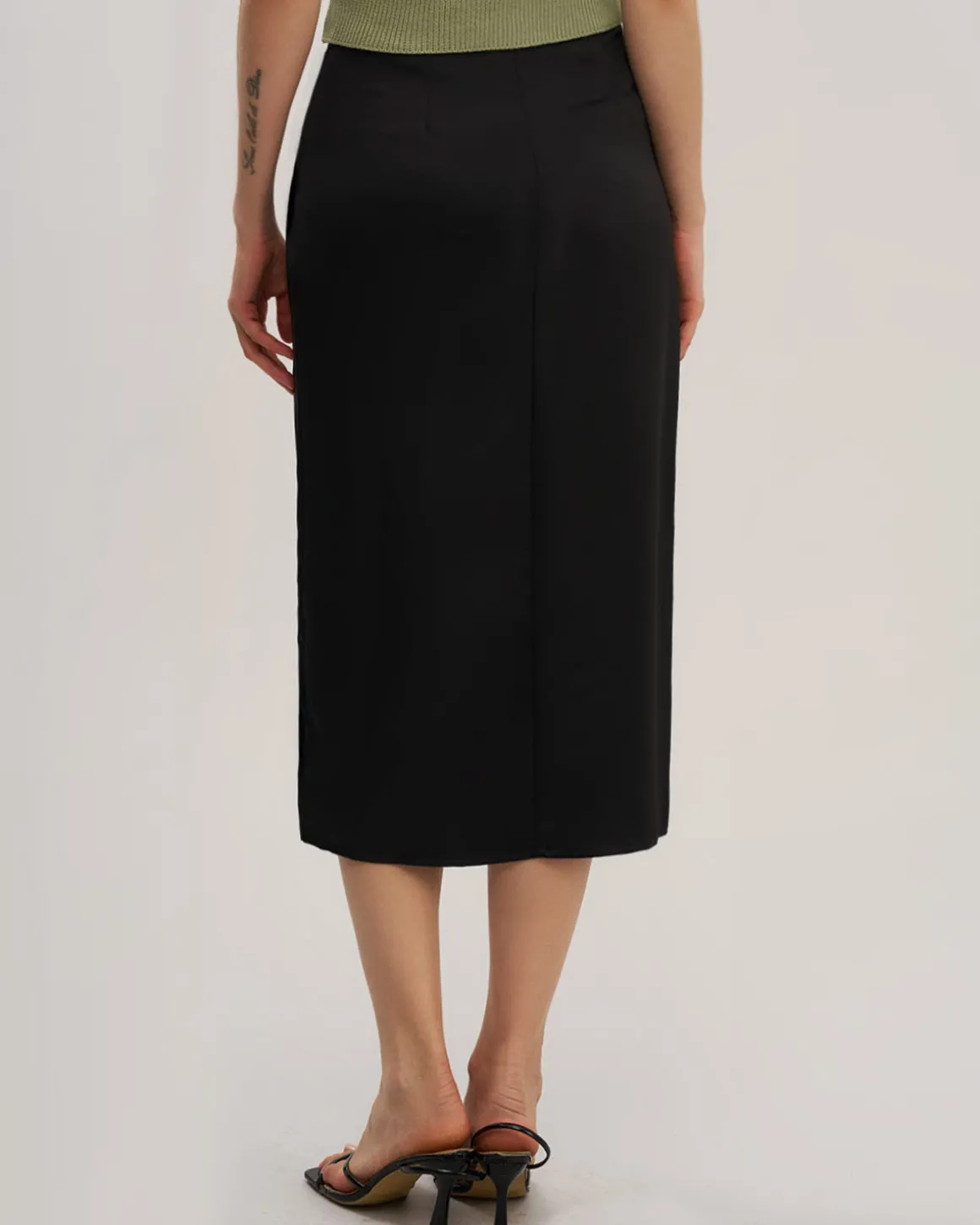 Black Ruched Wrap Midi Skirt