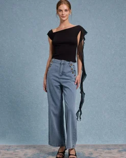 Black Ruffle Asymmetrical Tee