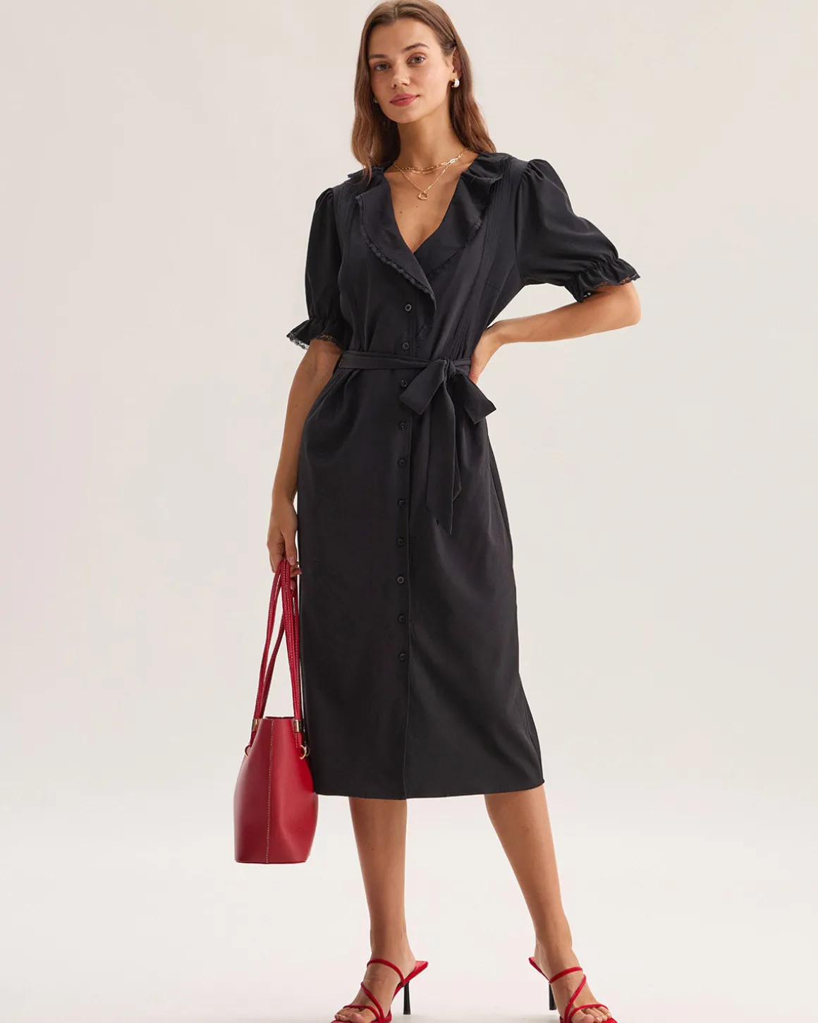 Black Ruffle Belted Maxi Dress