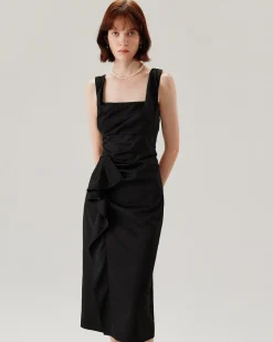 Black Ruffle Ruched Slip Midi Dress