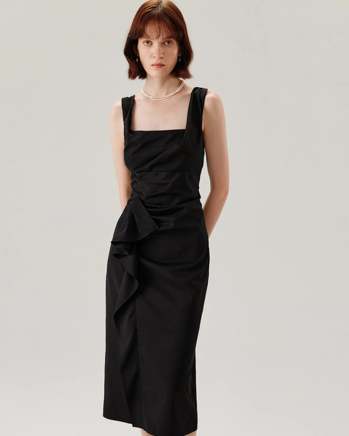 Black Ruffle Ruched Slip Midi Dress