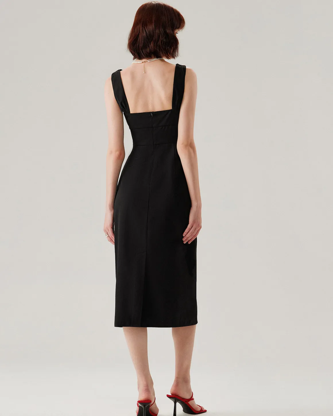 Black Ruffle Ruched Slip Midi Dress