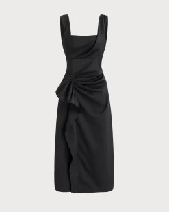 Black Ruffle Ruched Slip Midi Dress