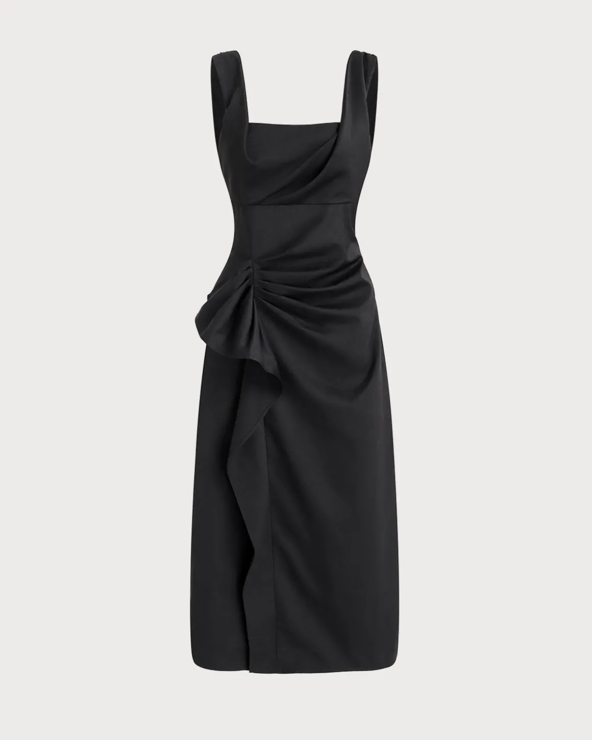 Black Ruffle Ruched Slip Midi Dress