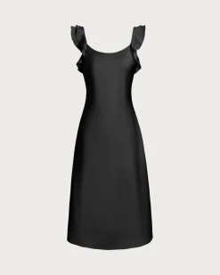 Black Ruffle Square Neck Slip Midi Dress