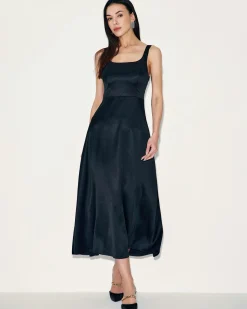 Black Satin A-Line Slip Maxi Dress