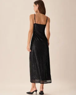 Black Sequin Bodycon Slit Maxi Dress