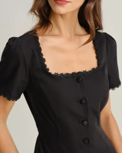Black Square Neck Button Mini Dress