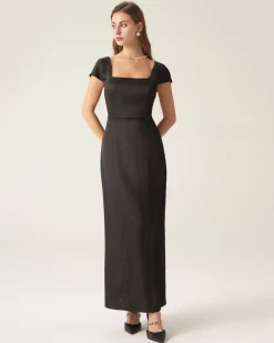 Black Square Neck Cap Sleeve Maxi Dress