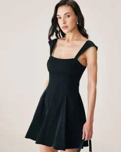 Black Square Neck Pleated Mini Dress