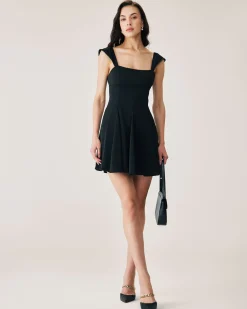 Black Square Neck Pleated Mini Dress