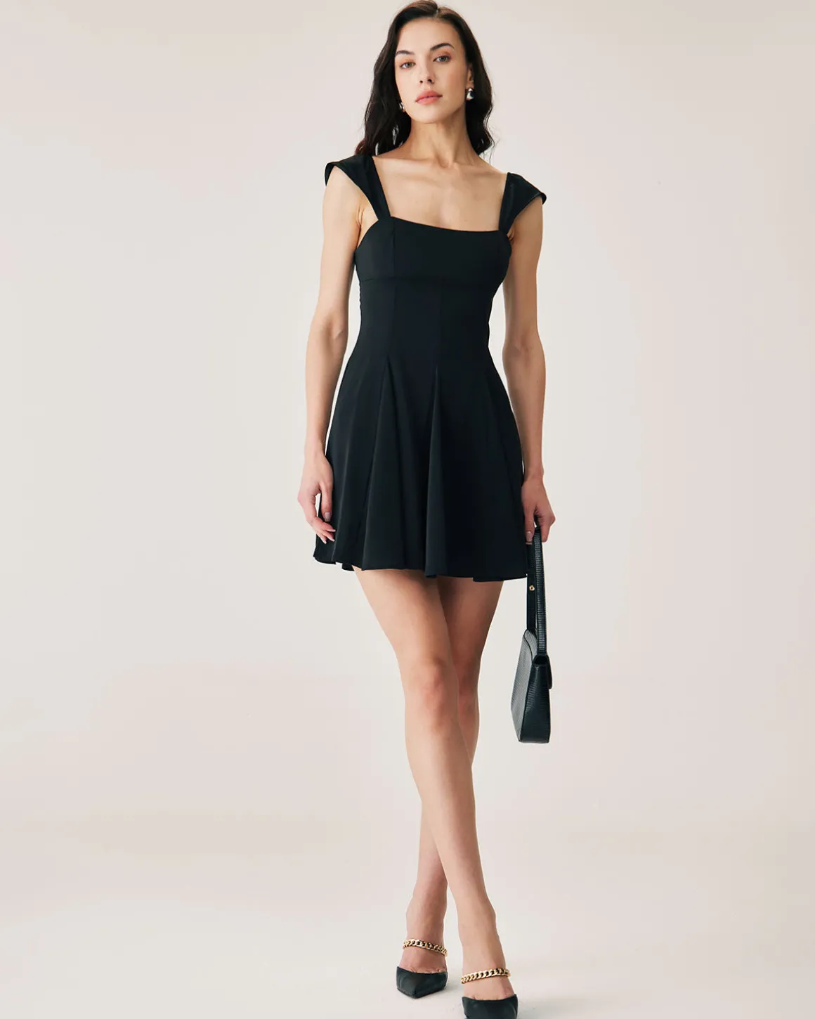 Black Square Neck Pleated Mini Dress