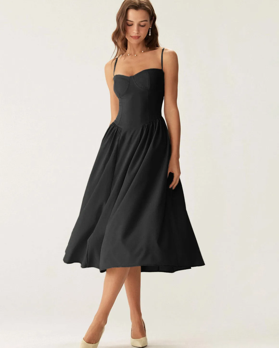 Black Square Neck Pocket Slip Midi Dress