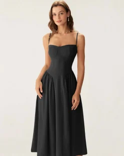 Black Square Neck Pocket Slip Midi Dress