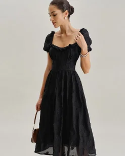 Black Square Neck Puffed Sleeve Midi Dress
