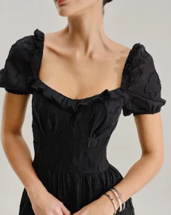 Black Square Neck Puffed Sleeve Midi Dress
