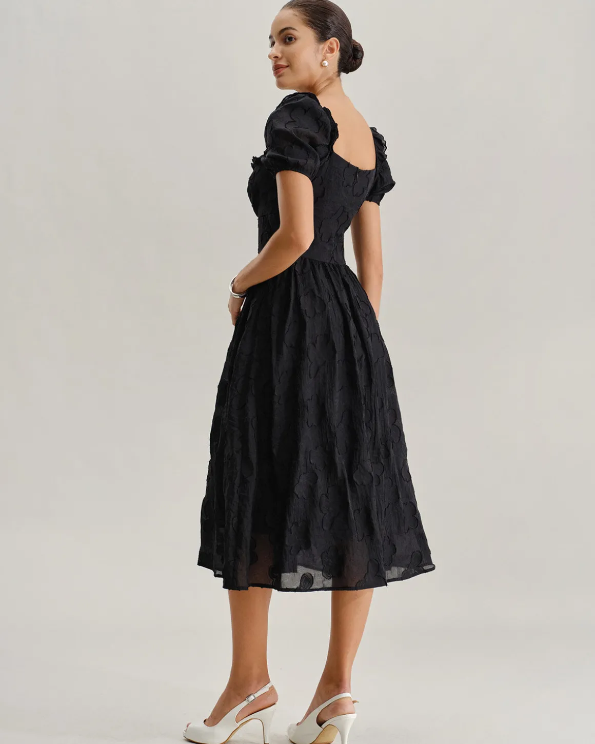 Black Square Neck Puffed Sleeve Midi Dress