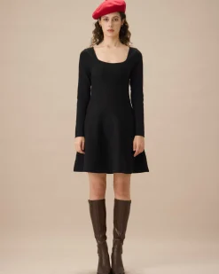 Black Square Neck Ribbed Sweater Dress