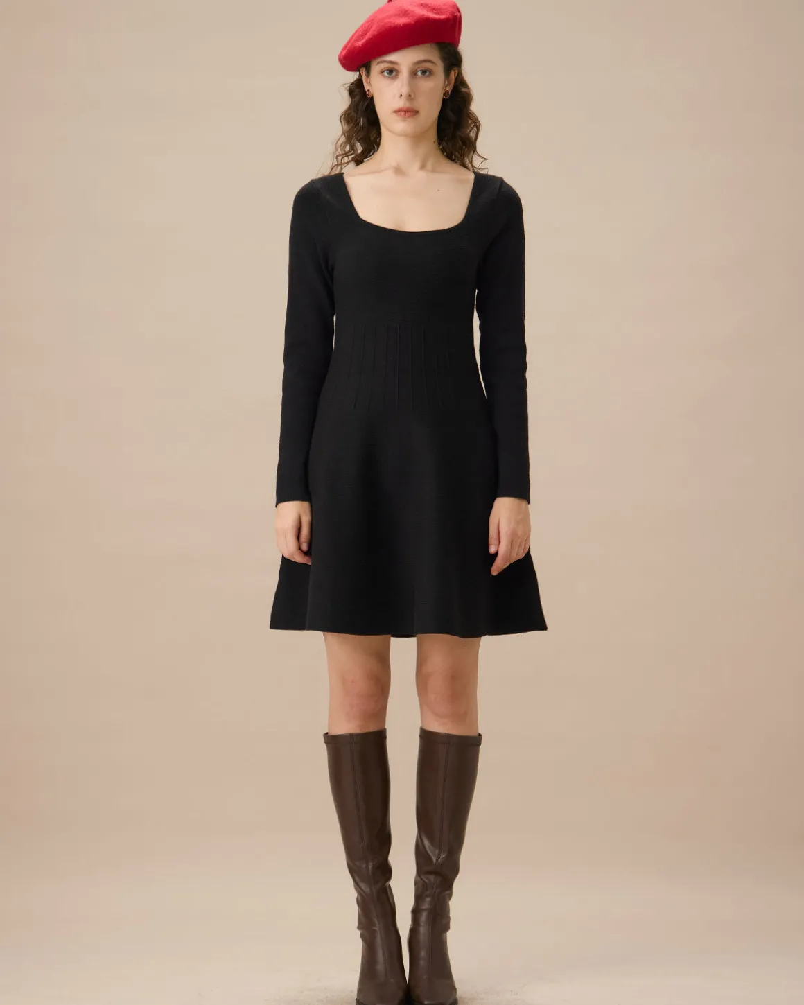 Black Square Neck Ribbed Sweater Dress
