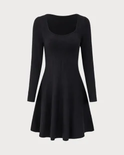 Black Square Neck Ribbed Sweater Dress