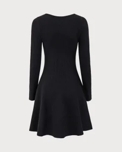 Black Square Neck Ribbed Sweater Dress