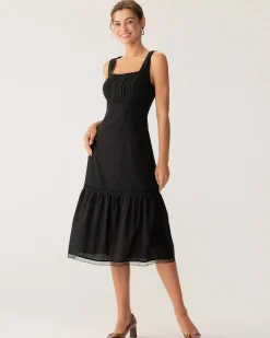 Black Square Neck Ruched Slip Midi Dress