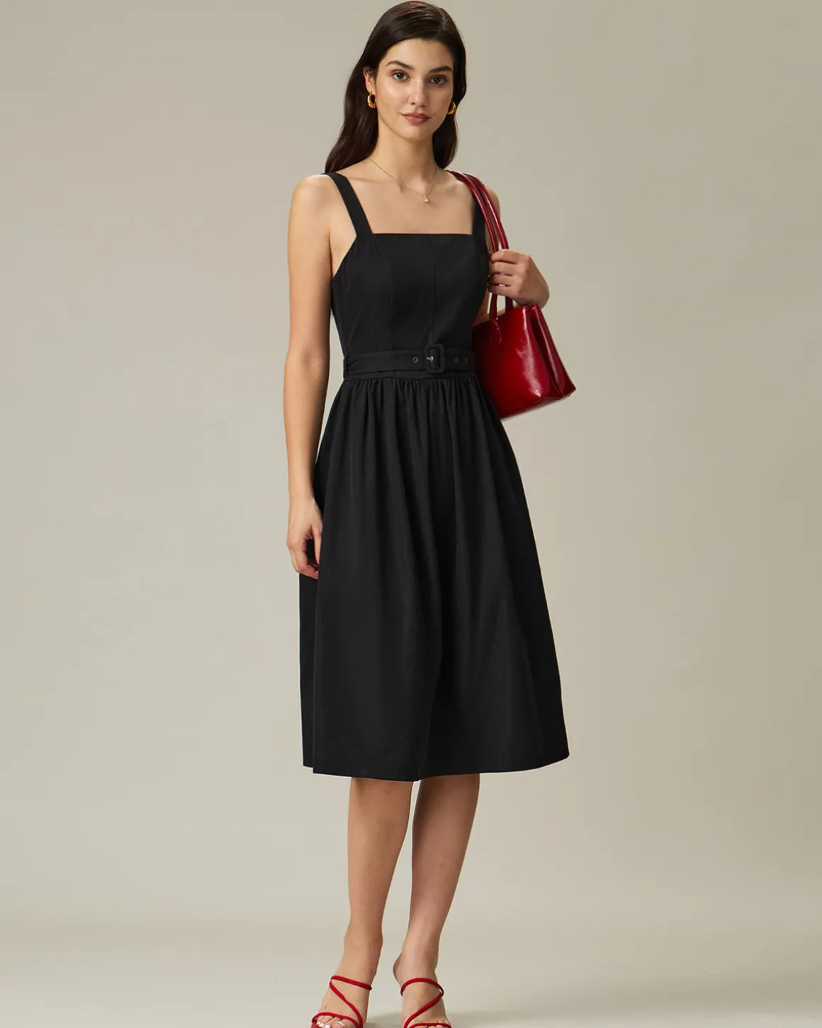 Black Square Neck Ruched Slip Midi Dress