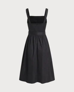 Black Square Neck Ruched Slip Midi Dress