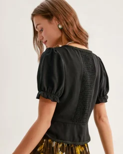 Black Square Neck Shirred Button Blouse