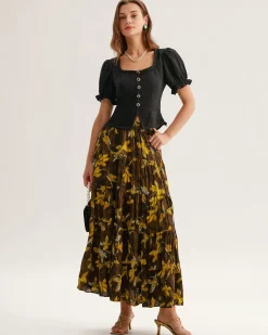 Black Square Neck Shirred Button Blouse