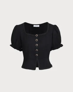 Black Square Neck Shirred Button Blouse