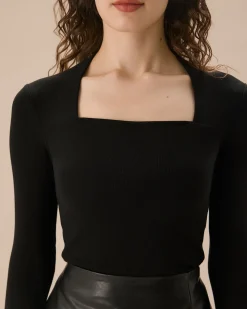 Black Square Neck Slim Knit Tee