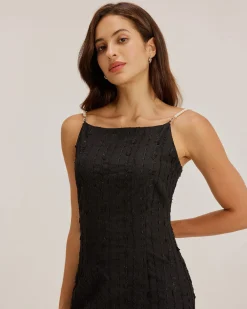 Black Textured Bodycon Beaded Strap Midi Dress