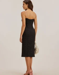 Black Textured Bodycon Beaded Strap Midi Dress