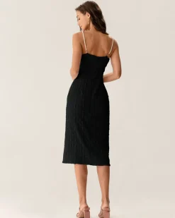 Black Textured Bodycon Beaded Strap Midi Dress