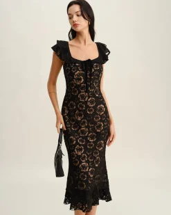 Black Textured Ruffle Mermaid Midi Dress