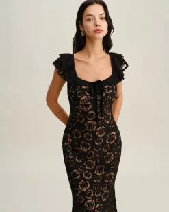 Black Textured Ruffle Mermaid Midi Dress