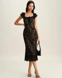 Black Textured Ruffle Mermaid Midi Dress
