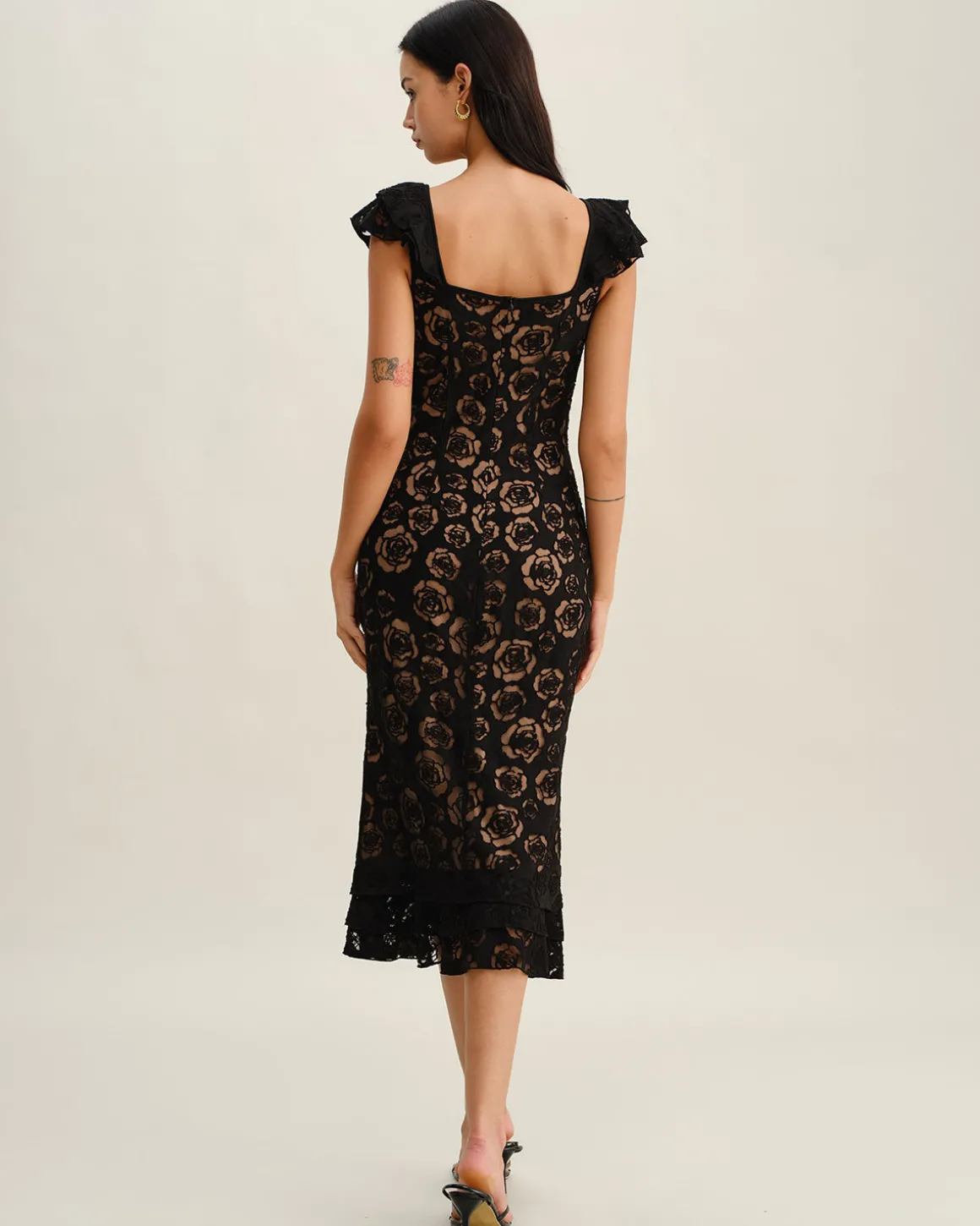 Black Textured Ruffle Mermaid Midi Dress